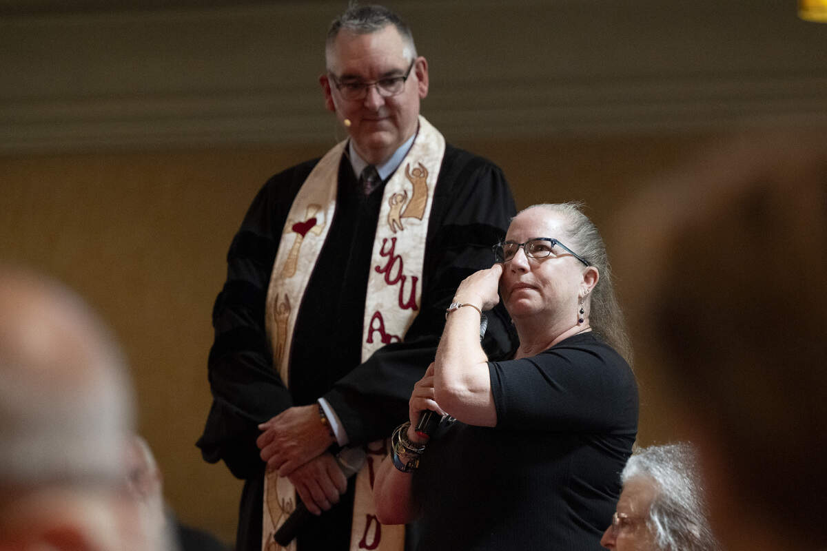 Fay Grundel tears up as she shares memories during the final service of Pioneer Congregational United Church of Christ at their church on L Street in Sacramento on Sunday, May 31.